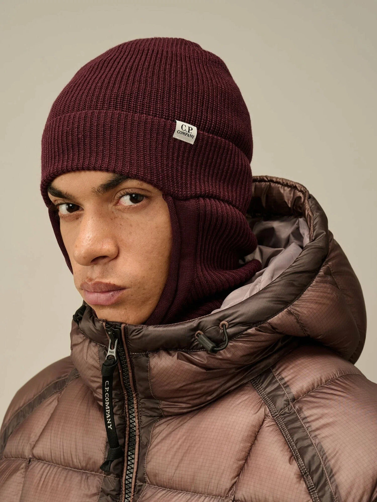 C.P. COMPANY KNITTED BEANIE AND BALACLAVA SET – BURGUNDY